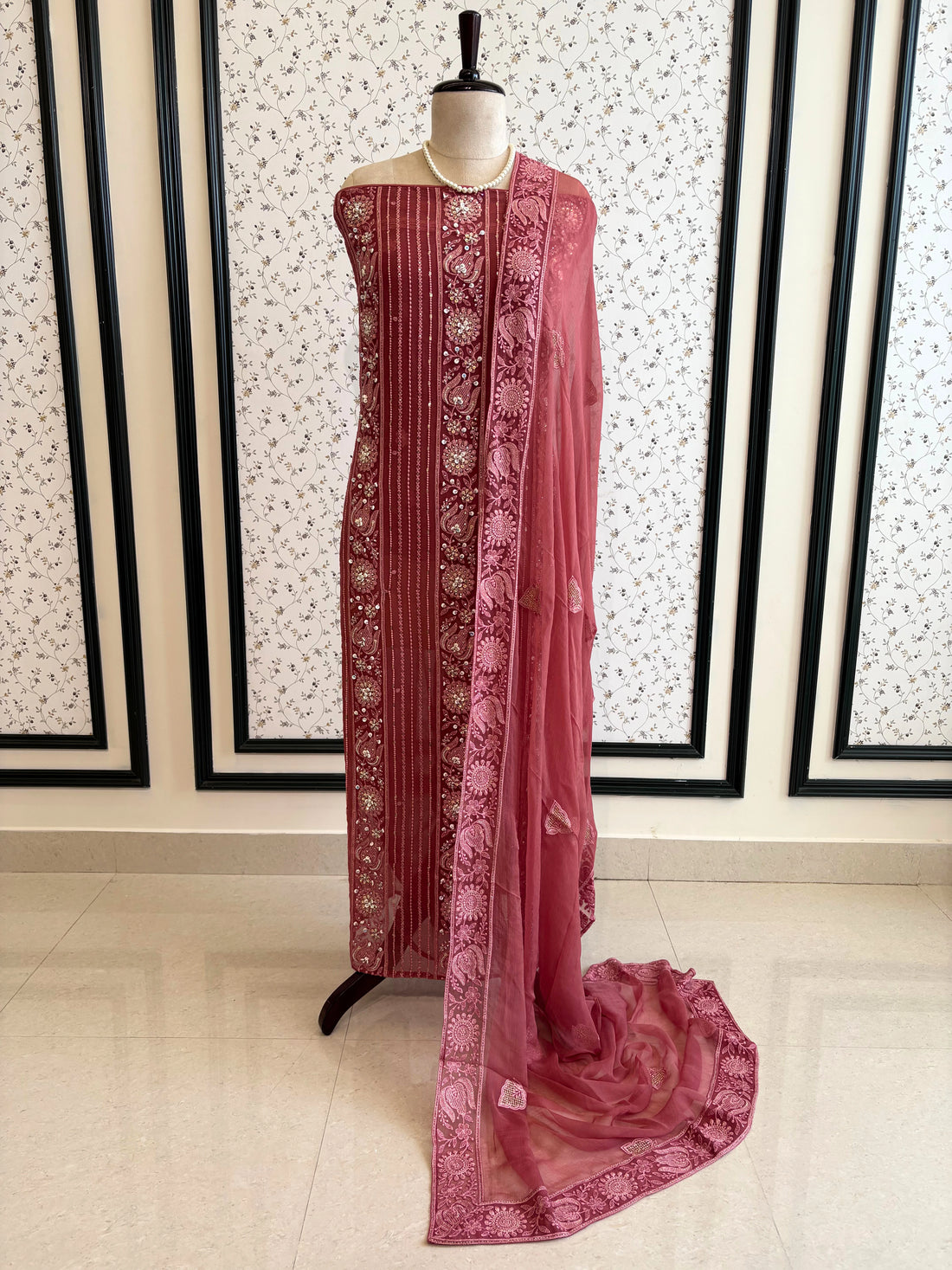 Rosewood wine color chikankari with beads highlighting for brides and bridesmaid
