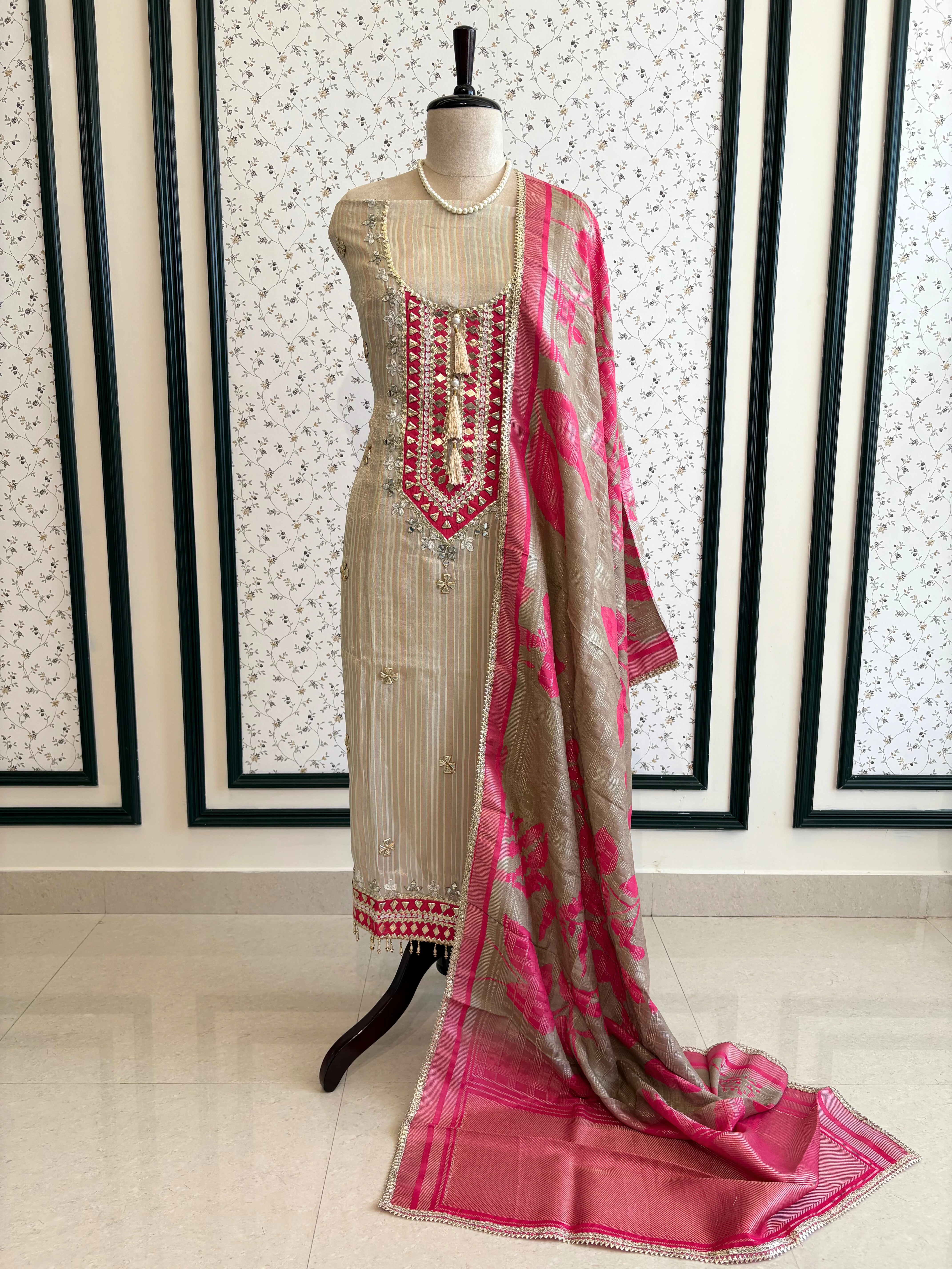 Beige & Pink Shimmer Organza Suit with Gotta Patti Embroidery