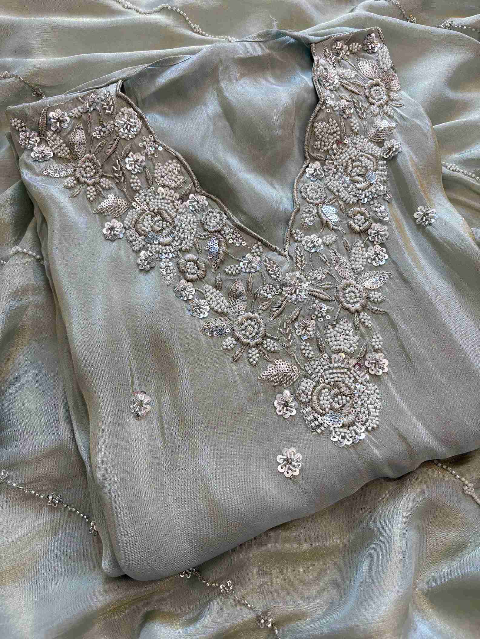 Shimmer Tissue Partywear Unstitched suits with dabka and cutdana work - The Zareesh