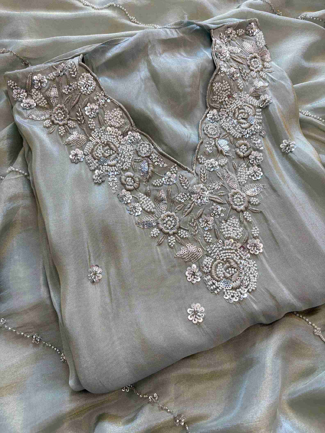 Shimmer Tissue Partywear Unstitched suits with dabka and cutdana work - The Zareesh