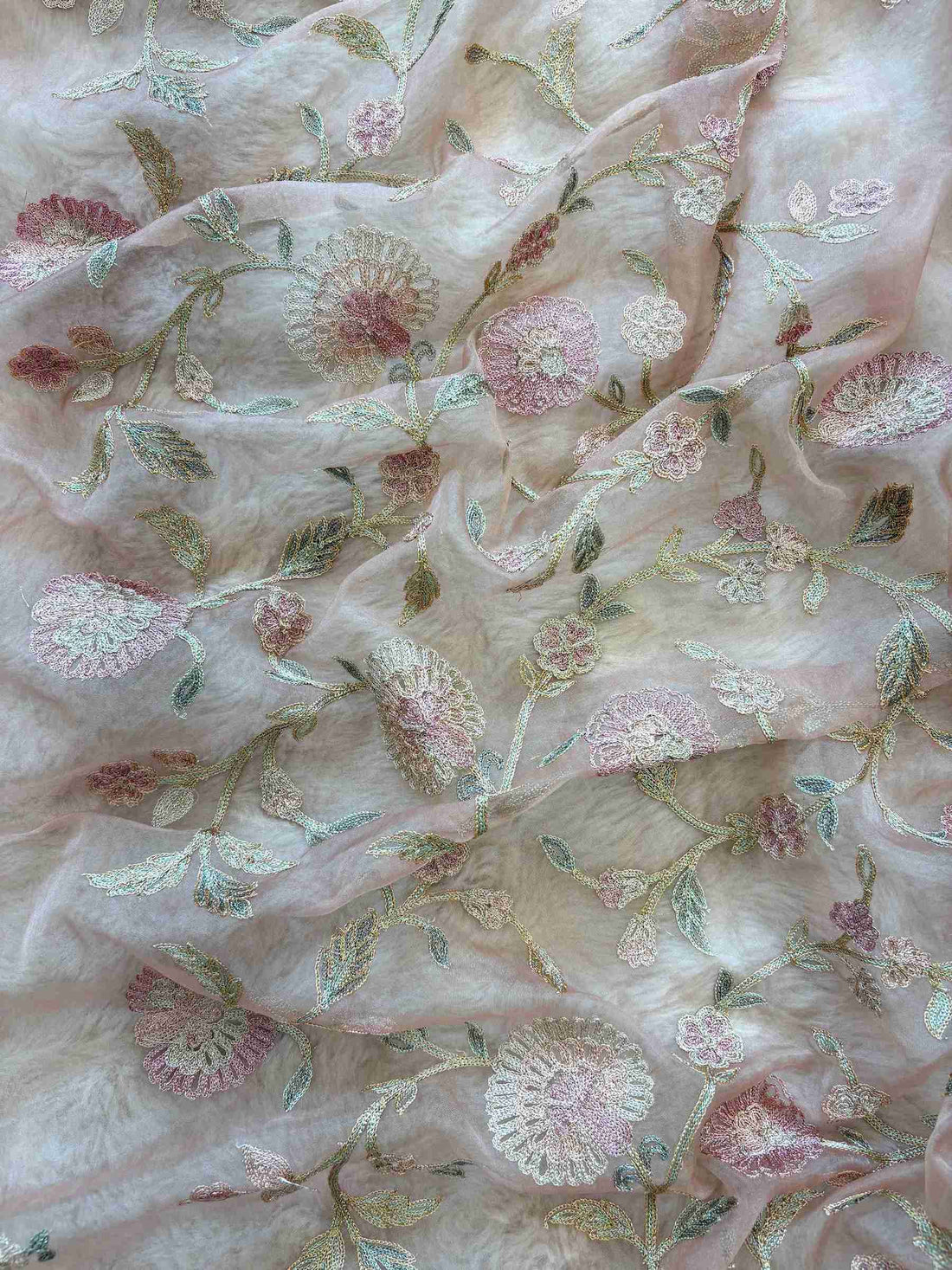 Peach Shimmer Tissue Embroidered Unstitched Suit Set with Organza Dupatta