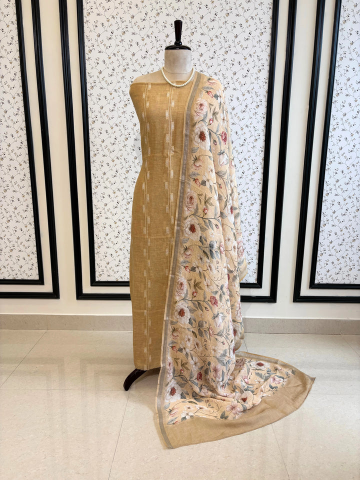 beige linen suit with minimal white thread embroidery on kurta and floral digital printed dupatta, perfect for summer events and festive daywear.