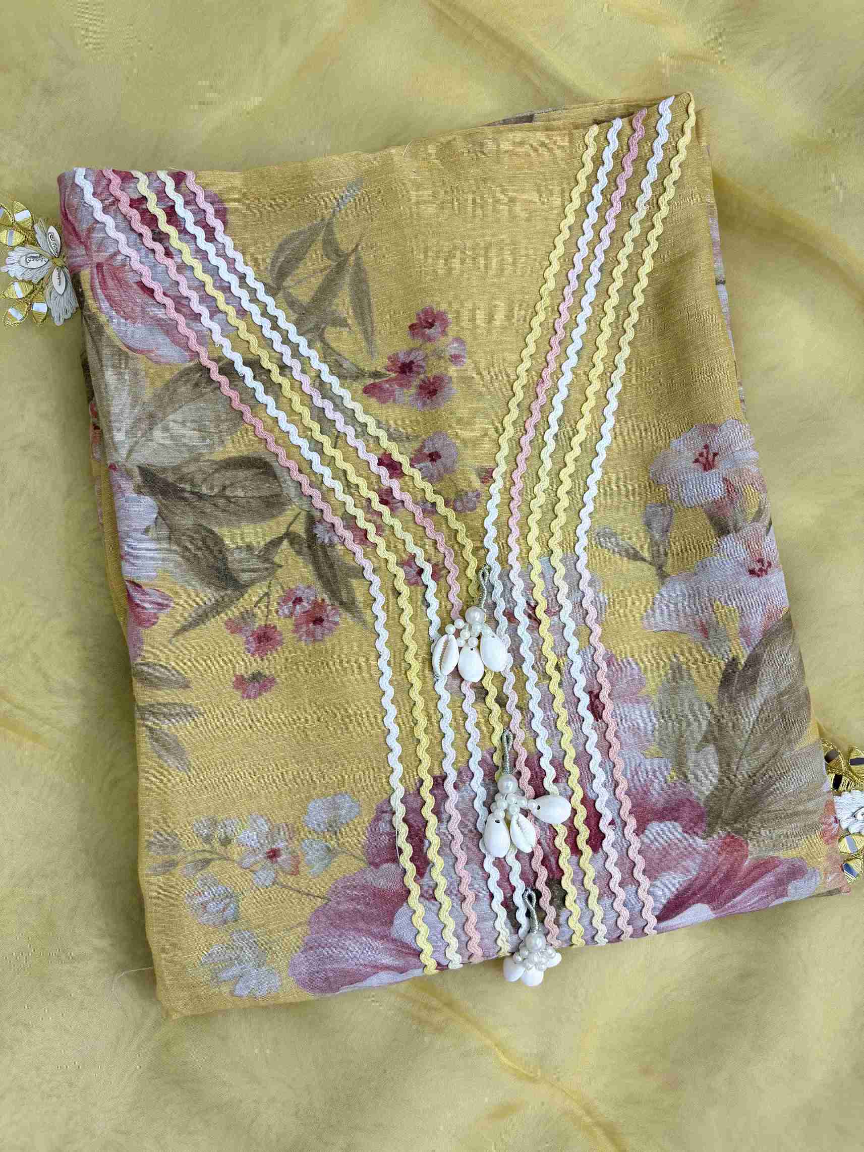 Haya-e-Bahar: Pastel Yellow Floral Linen Suit with Lace Detailing Organza Dupatta