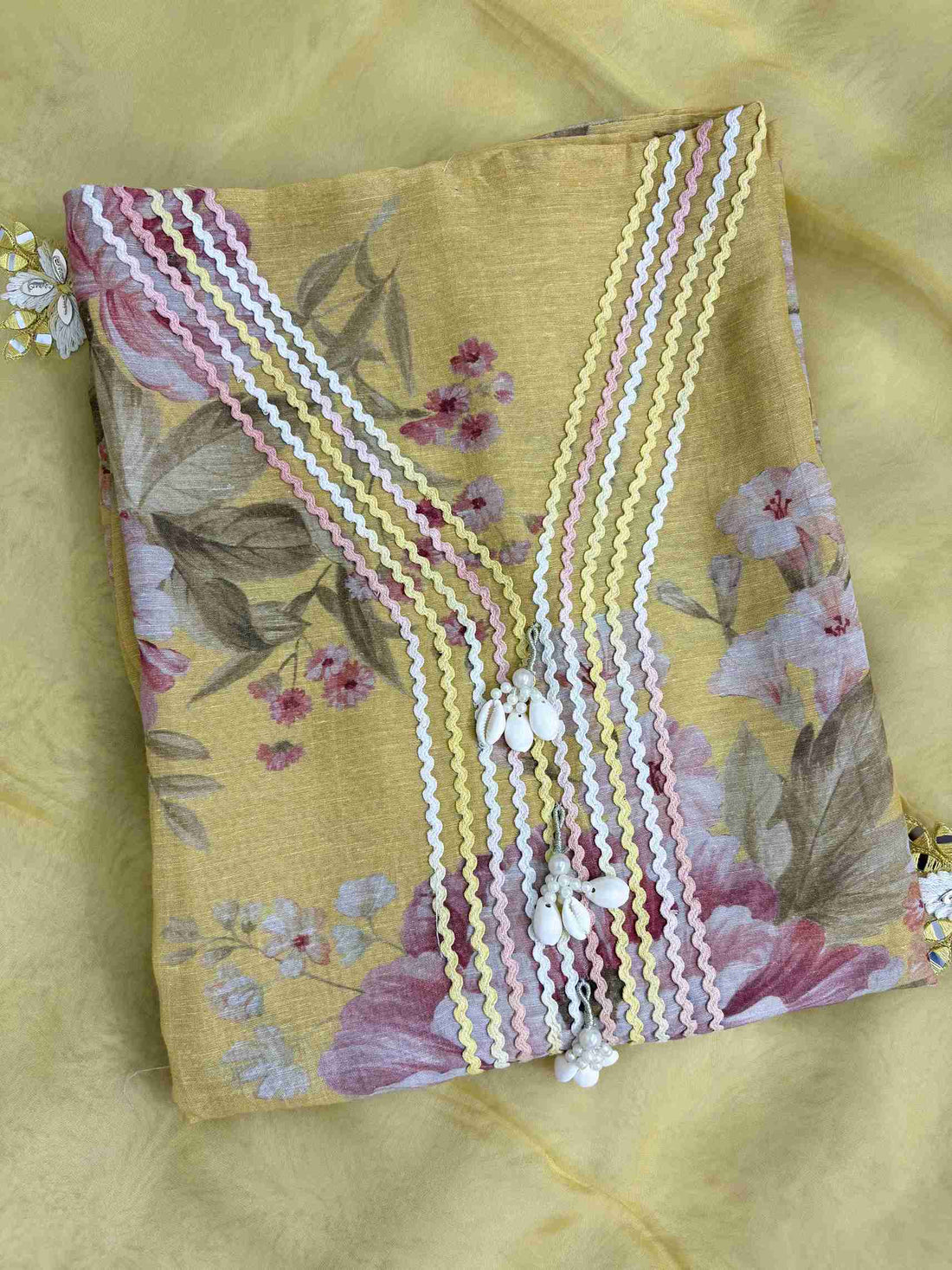 Haya-e-Bahar: Pastel Yellow Floral Linen Suit with Lace Detailing Organza Dupatta