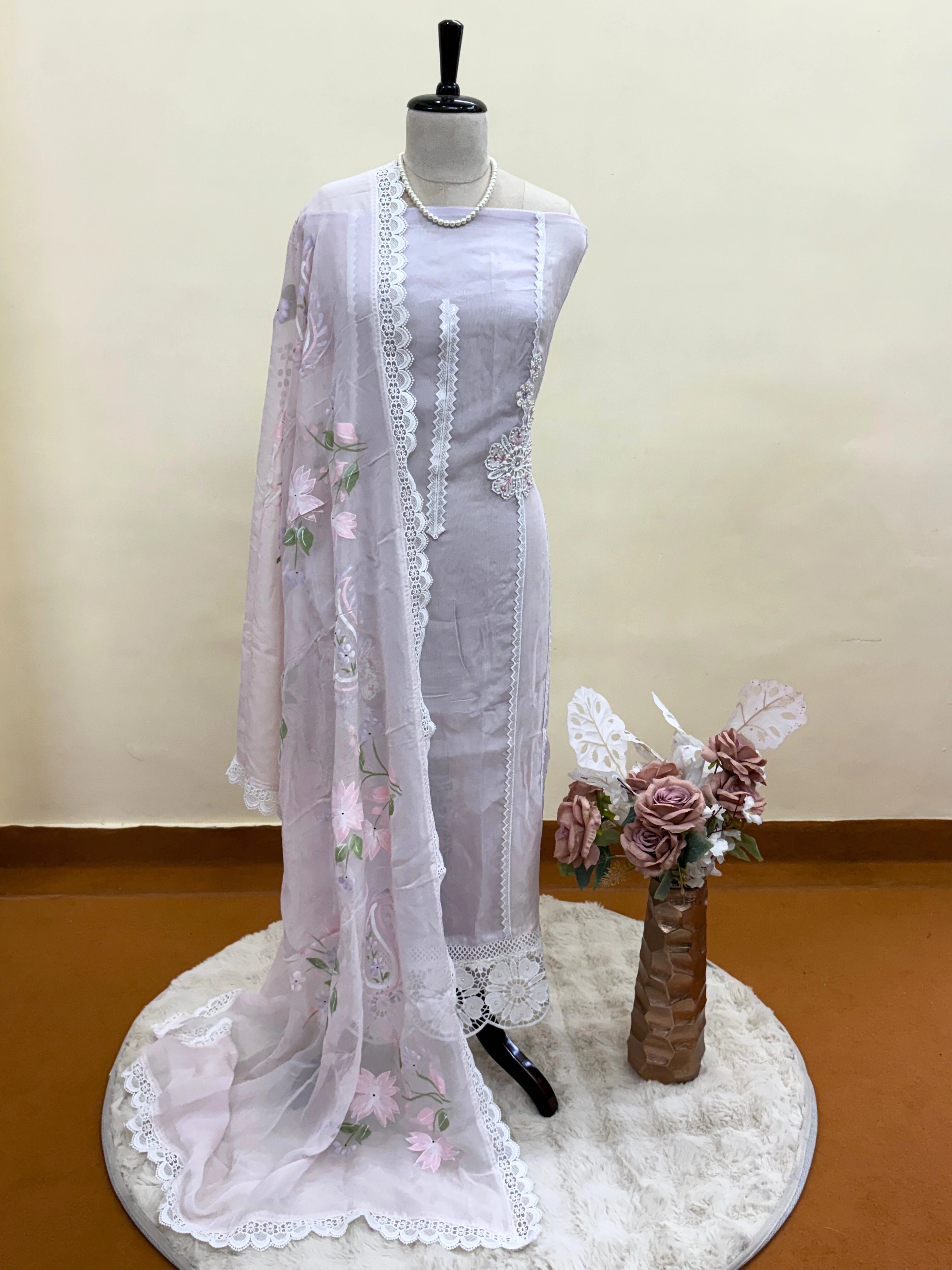 Lavender Organza Unstitched Suit with White Lace Embroidery & Floral Dupatta – Summer Festive Collection