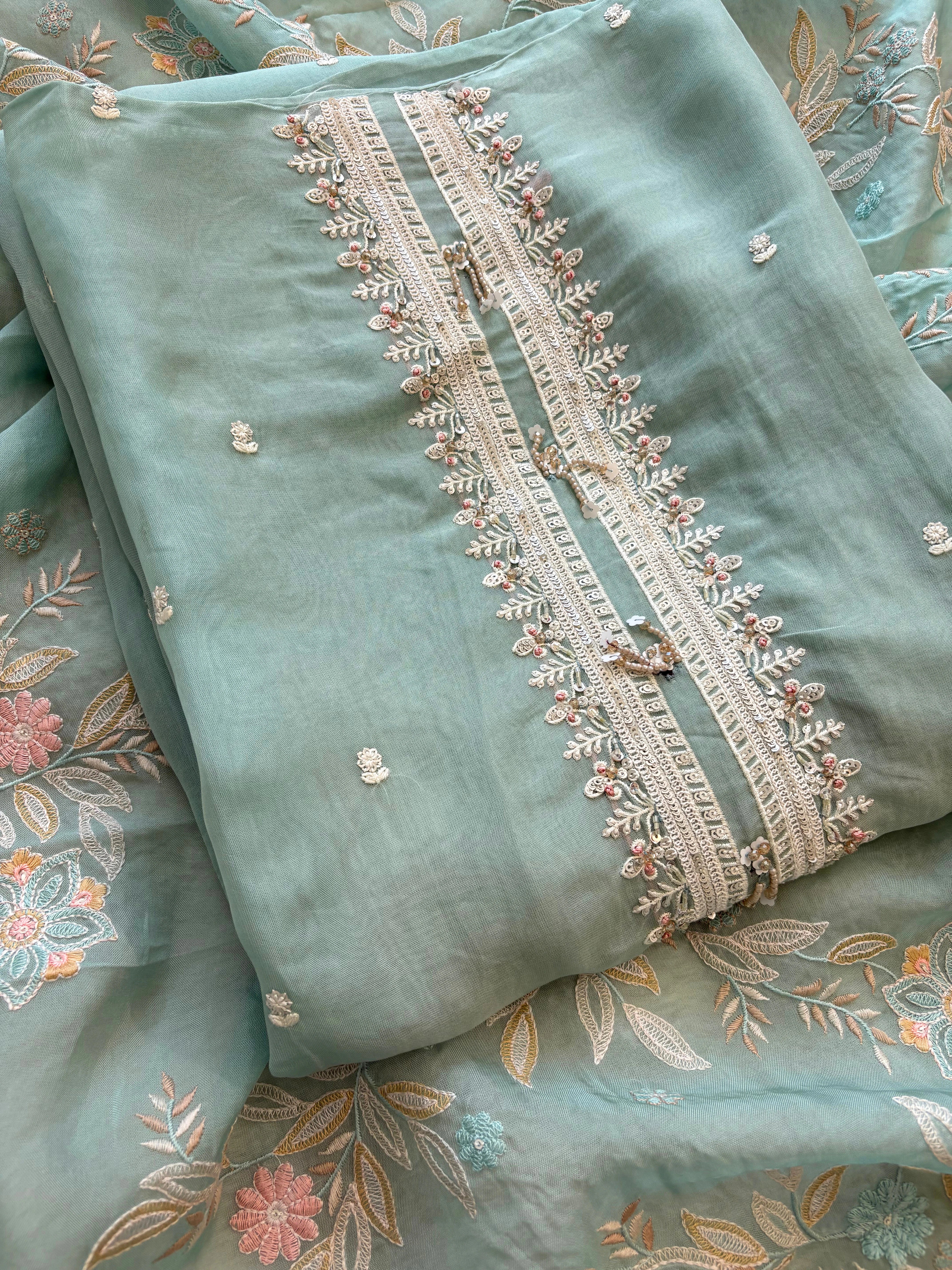 aqua green sheer organza with parsi embroidory