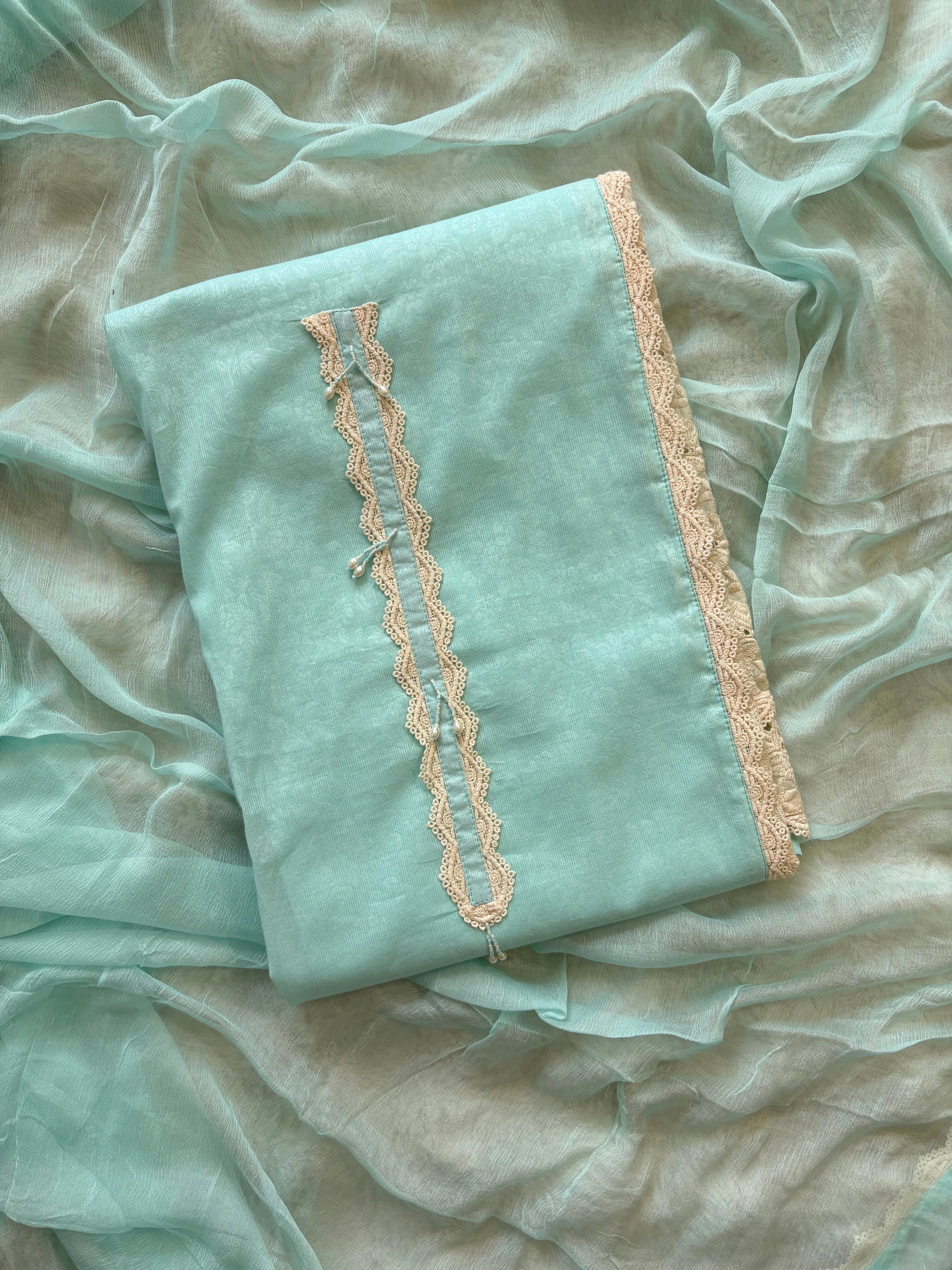 Pastel Aqua Schiffli Cotton Suit with Lace Accents & Pearl Embroidery | Summer Festive Lawn Collection
