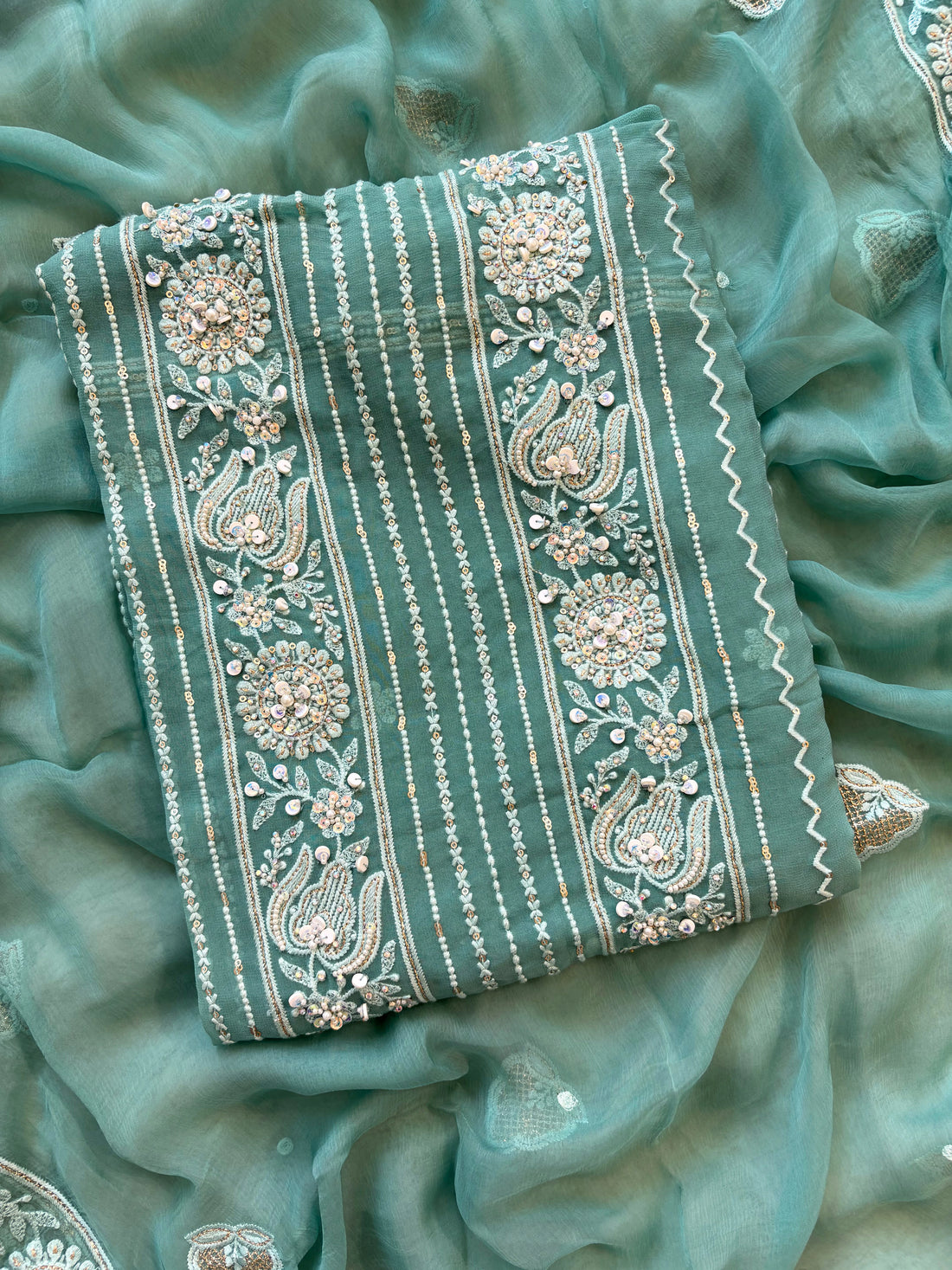 aqua green chikankari with beads highlighting for brides and bridesmaid