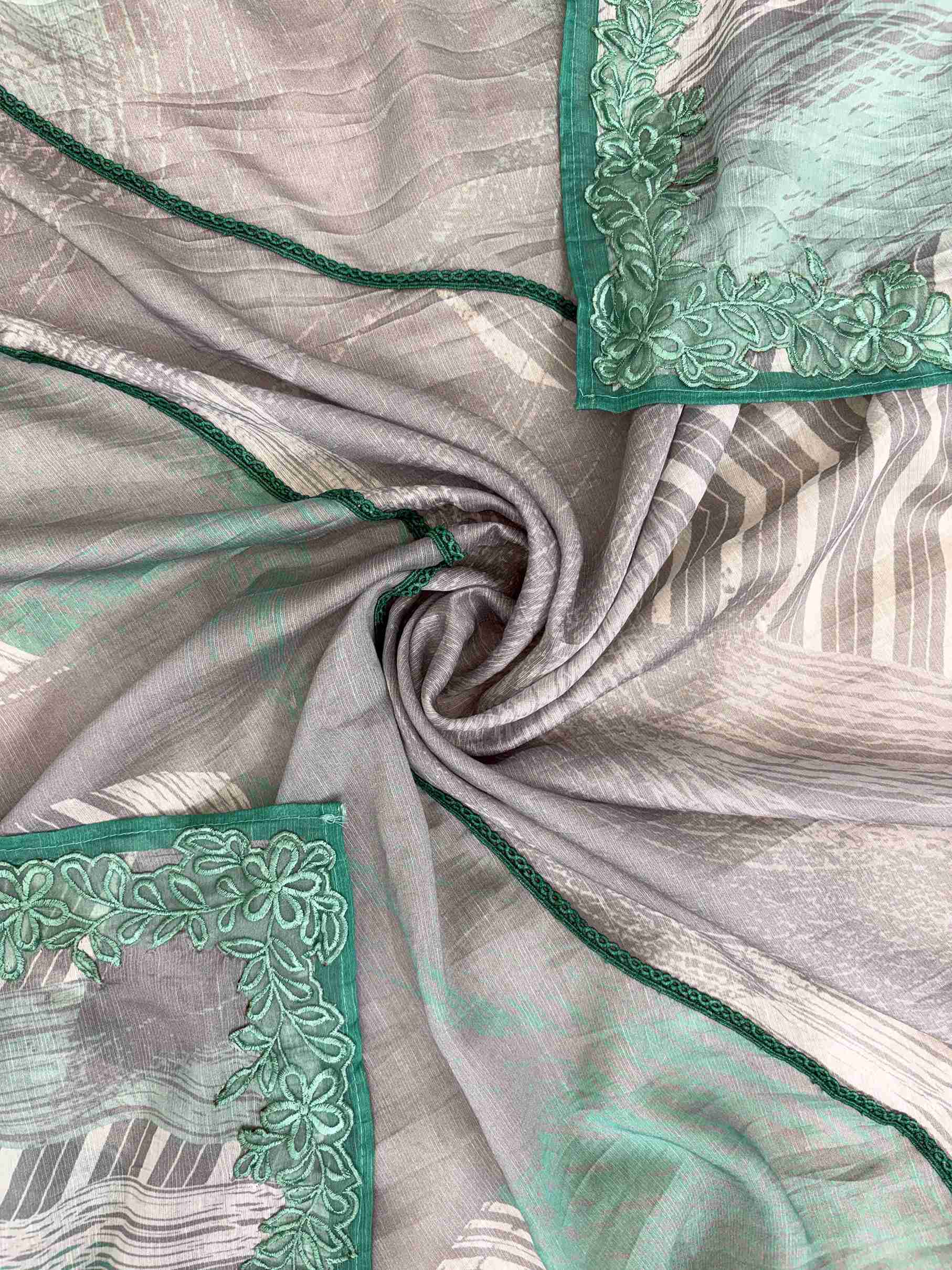 Grey Green Pure Muslin Digital Print Handwork Unstitched Suit Set