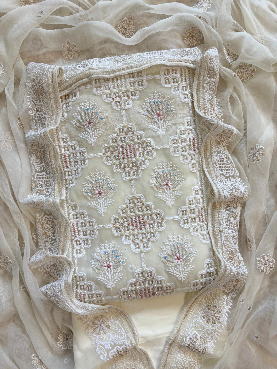 Graceful White Georgette Chikankari Suit with Beads, Sequins & Moti Embellishments