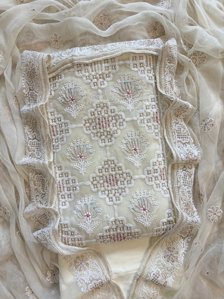 Graceful White Georgette Chikankari Suit with Beads, Sequins & Moti Embellishments