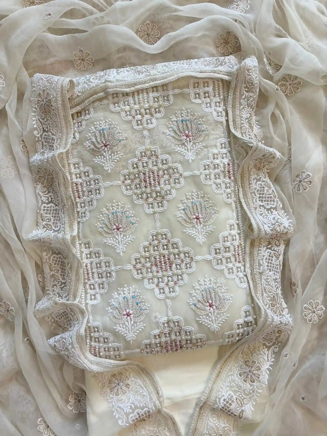 white georgette party wear chikankari unstitched suit for women or ladies