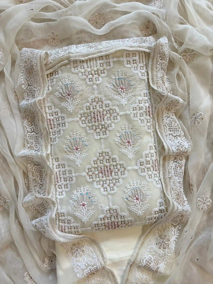 white georgette party wear chikankari unstitched suit for women or ladies