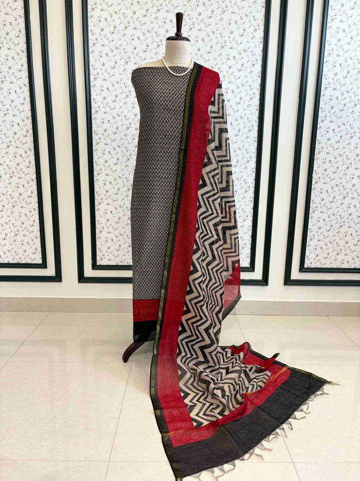 Black Red Maheshwari silk suit displayed on mannequin