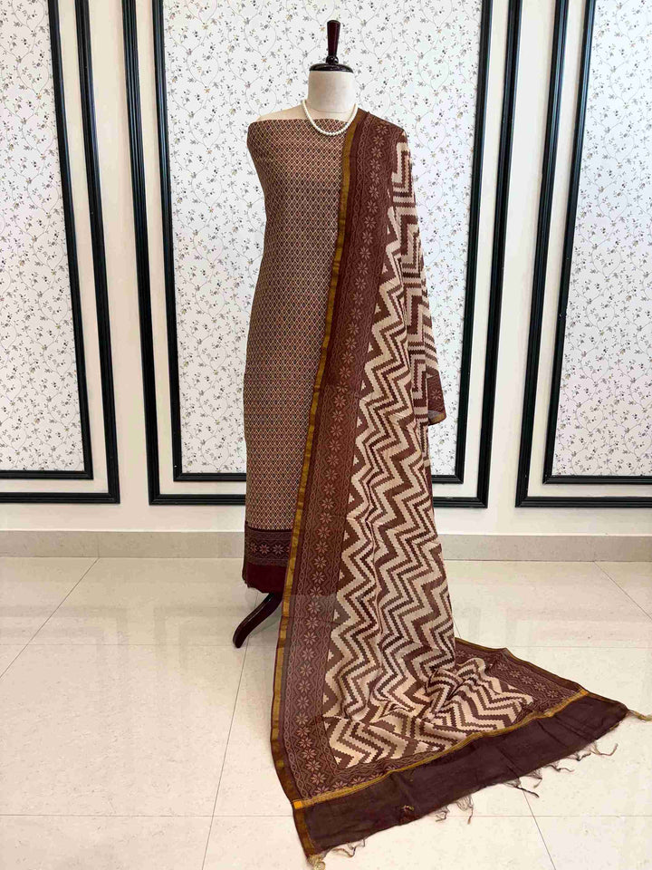 Brown beige Maheshwari silk suit displayed on mannequin