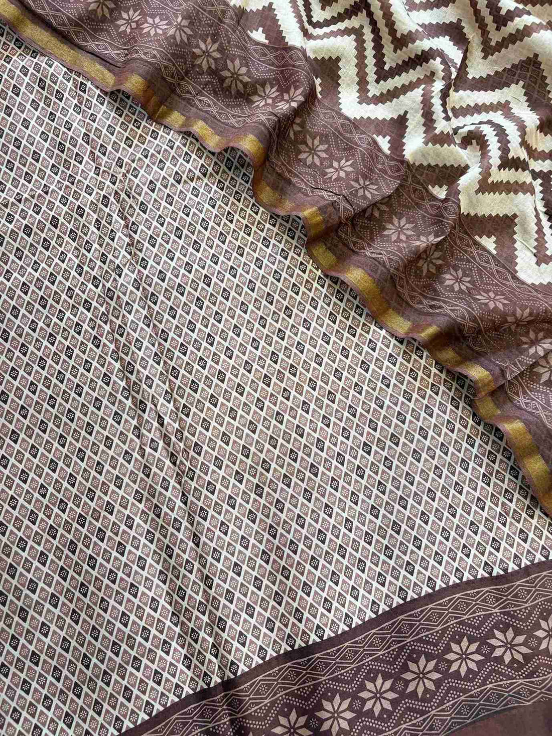 Elegant Maheshwari silk suit set for festive wear – brown and beige front shirt with dupatta.