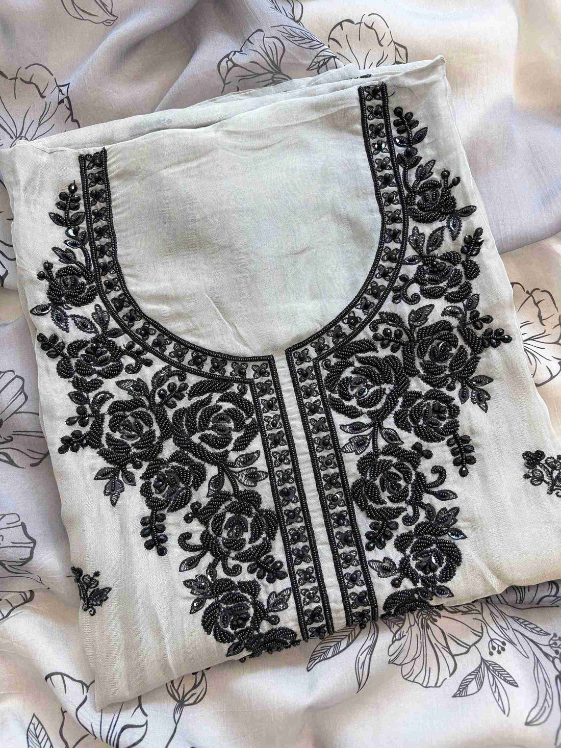 Embroidered grey organza shirt with bead, moti and sequin work