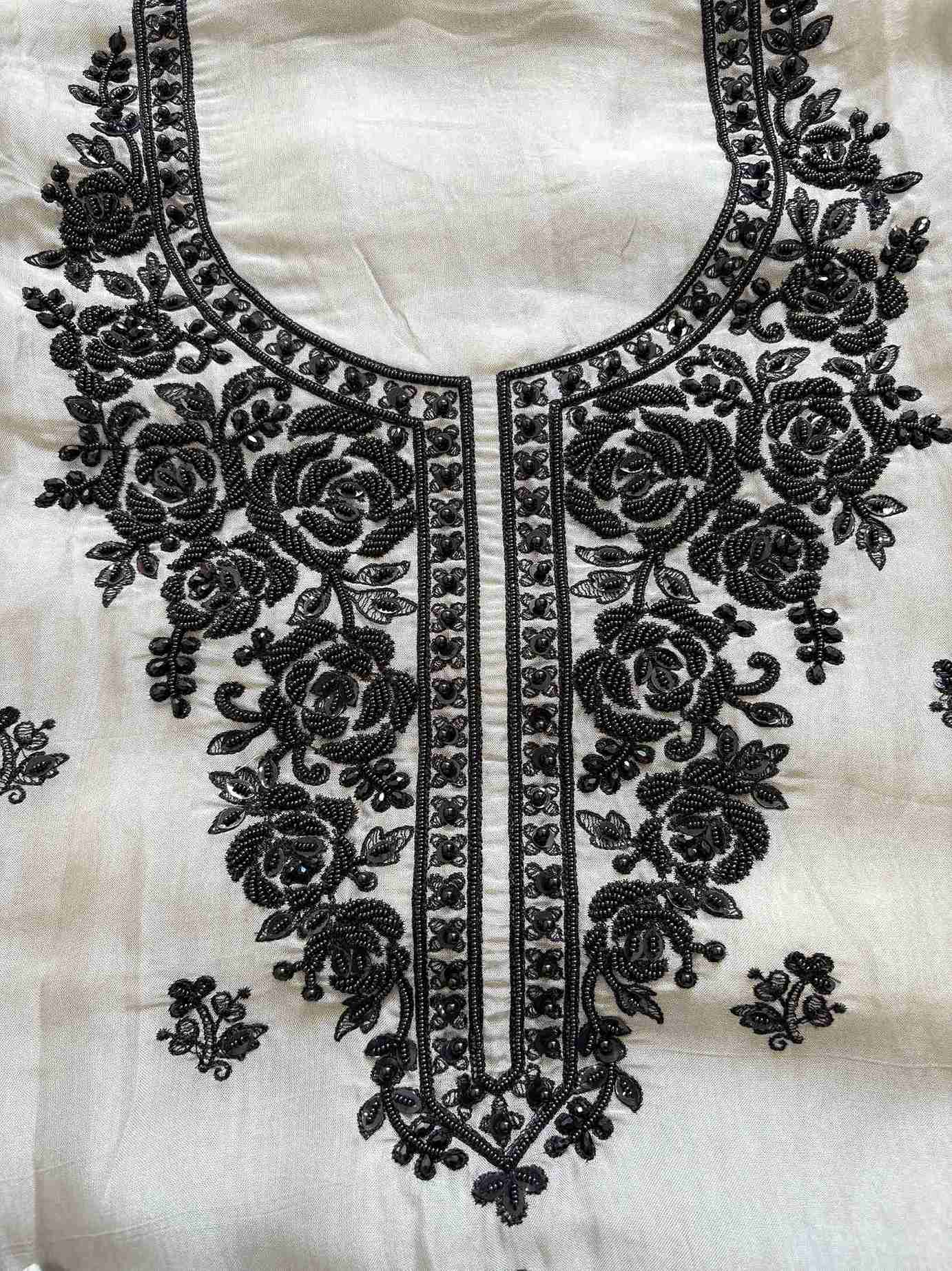 Embroidered grey organza shirt with bead, moti and sequin work neckline