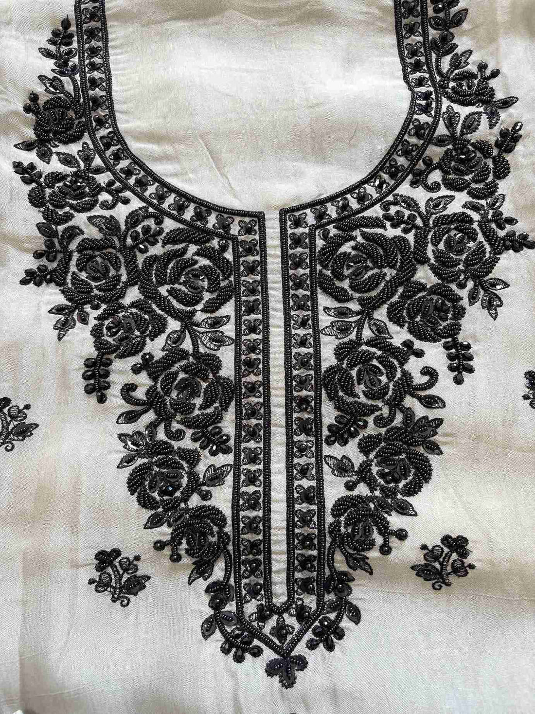 Embroidered grey organza shirt with bead, moti and sequin work neckline