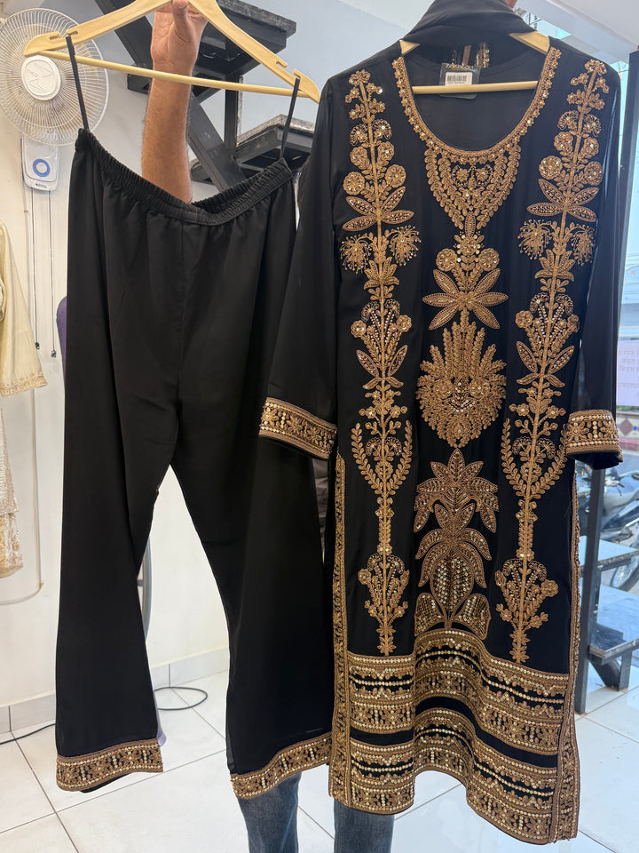 Black Georgette Stitched Suit Set with Gold Zari Embroidery and Sequin Work