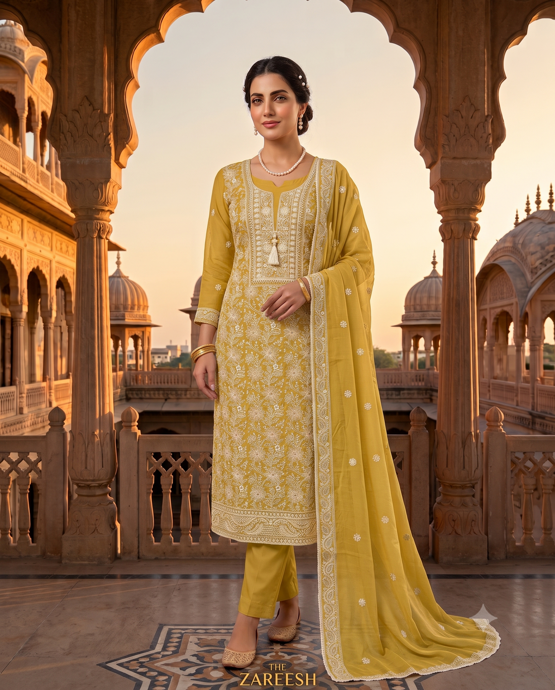 Mustard Mul Chanderi Suit with Ivory Resham Embroidery & Tassel Neckline