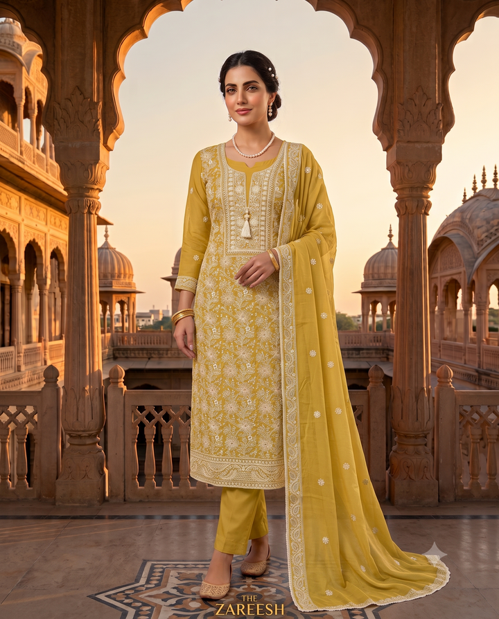 Mustard Mul Chanderi Suit with Ivory Resham Embroidery & Tassel Neckline