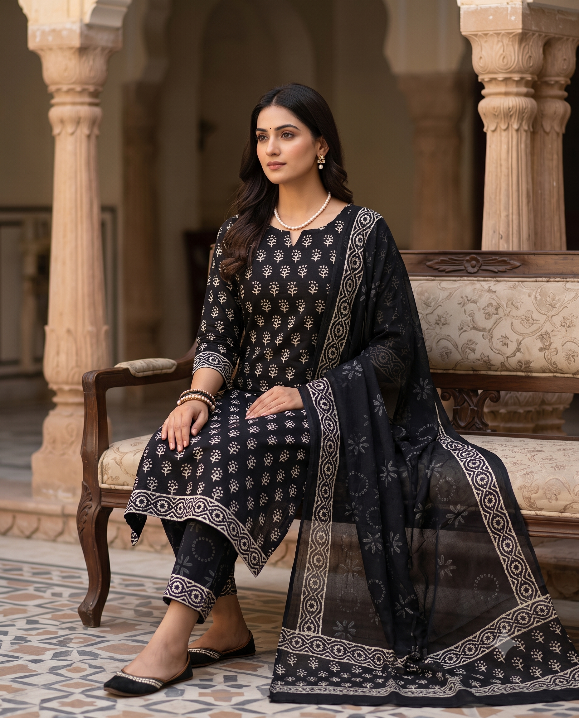 Black Jaipuri Handblock Printed Cotton Unstitched Suit with Chiffon Dupatta