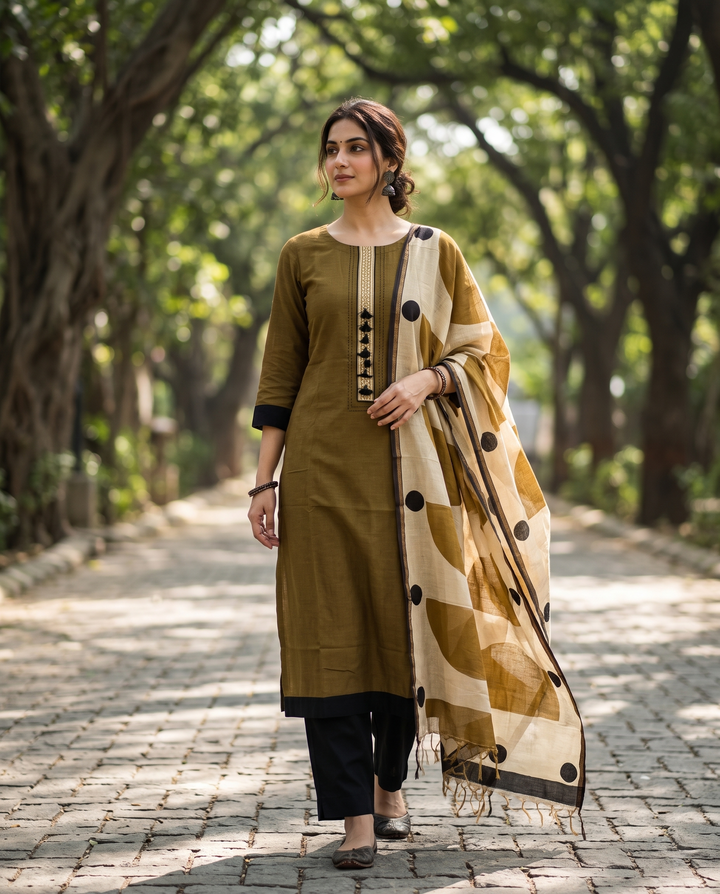 Maheshwari Silk Unstitched Suit with Tassel Placket Neckline and Hand Block Printed Dupatta