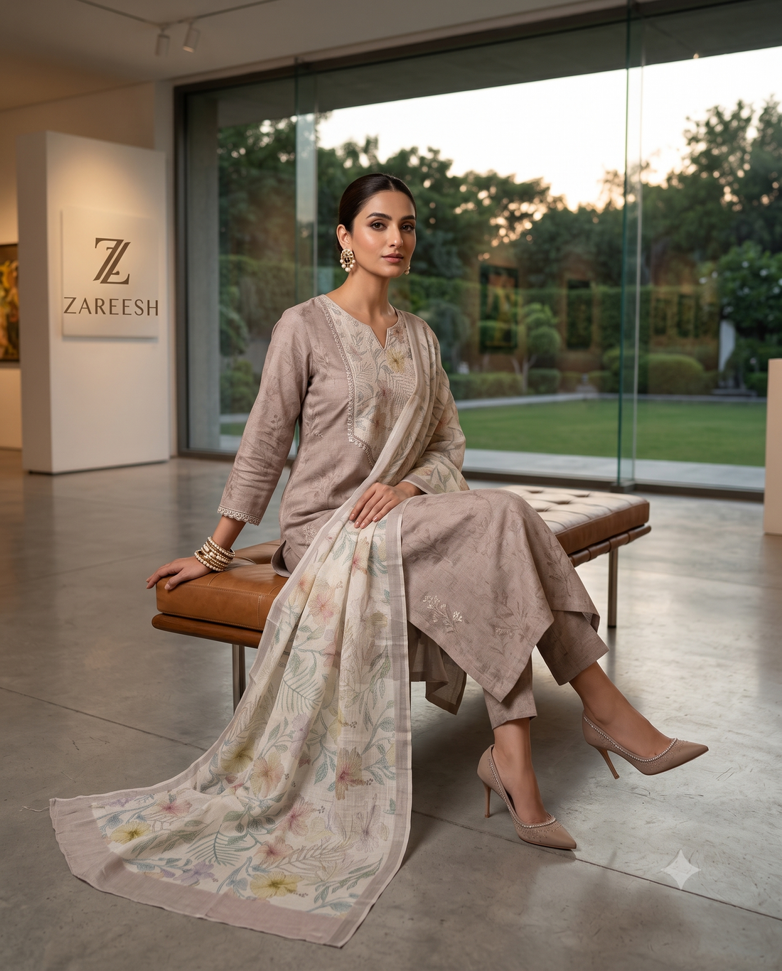 Taupe Beige Pure Linen Unstitched Suit | Tonal Printed Texture | Digital Floral Applique Neckline Panel & Multicolor Floral Dupatta Women's Suit