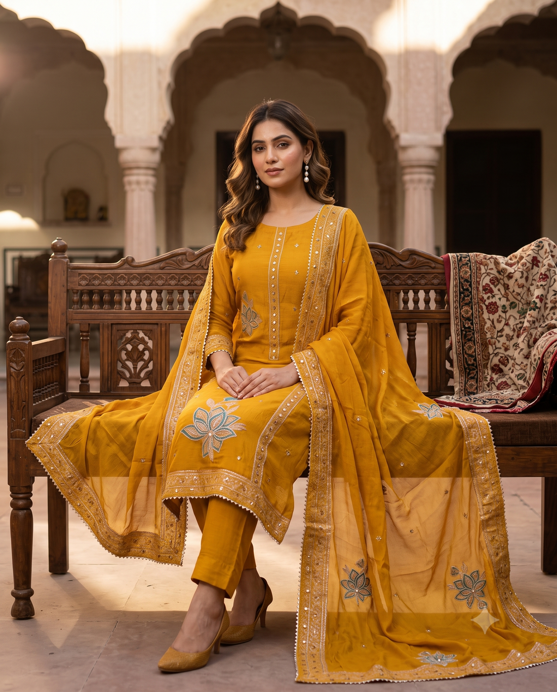 Mustard Yellow Linen Suit with Mirror Work & Applique Dupatta