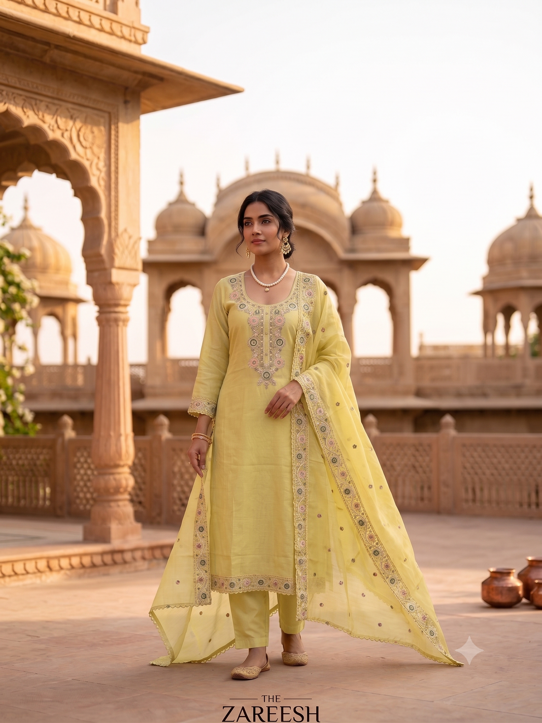 Lemon Yellow Mul Chanderi Unstitched Suit | Multicolor Thread Work Neckline | Embroidered Booties & Border Dupatta Women's Suit
