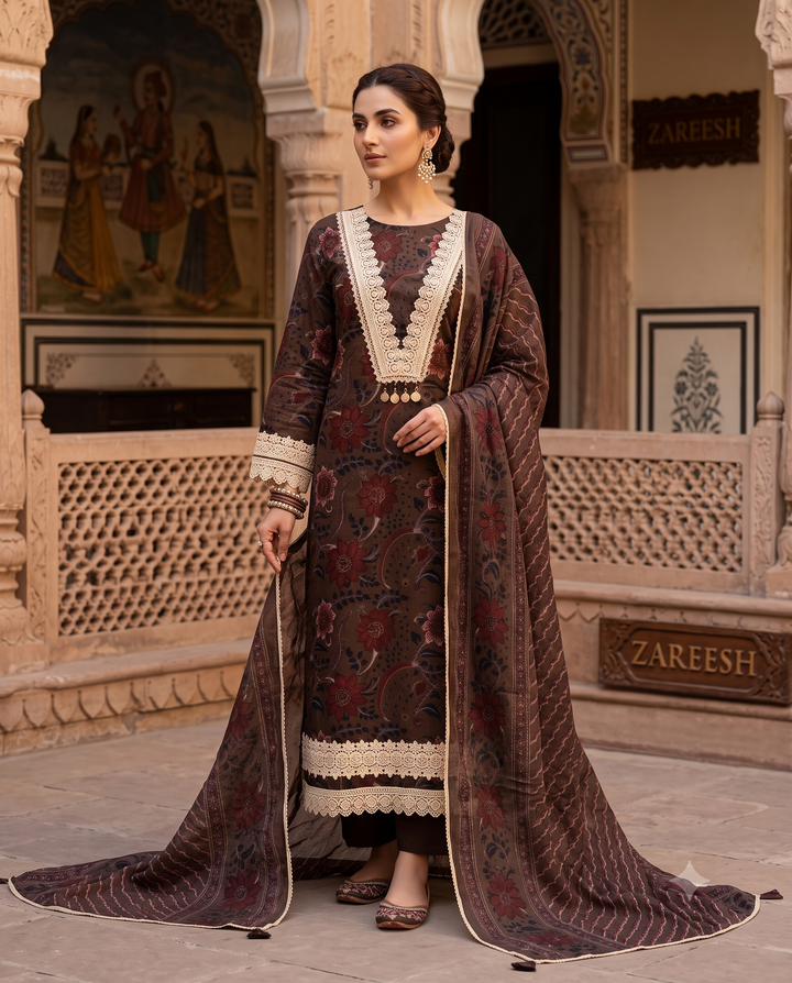 Dark Chocolate Brown Cotton Unstitched Suit | All-Over Digital Floral Print | V-Neck Lace & Tassel Neckline with Lace Hemline Women's Suit