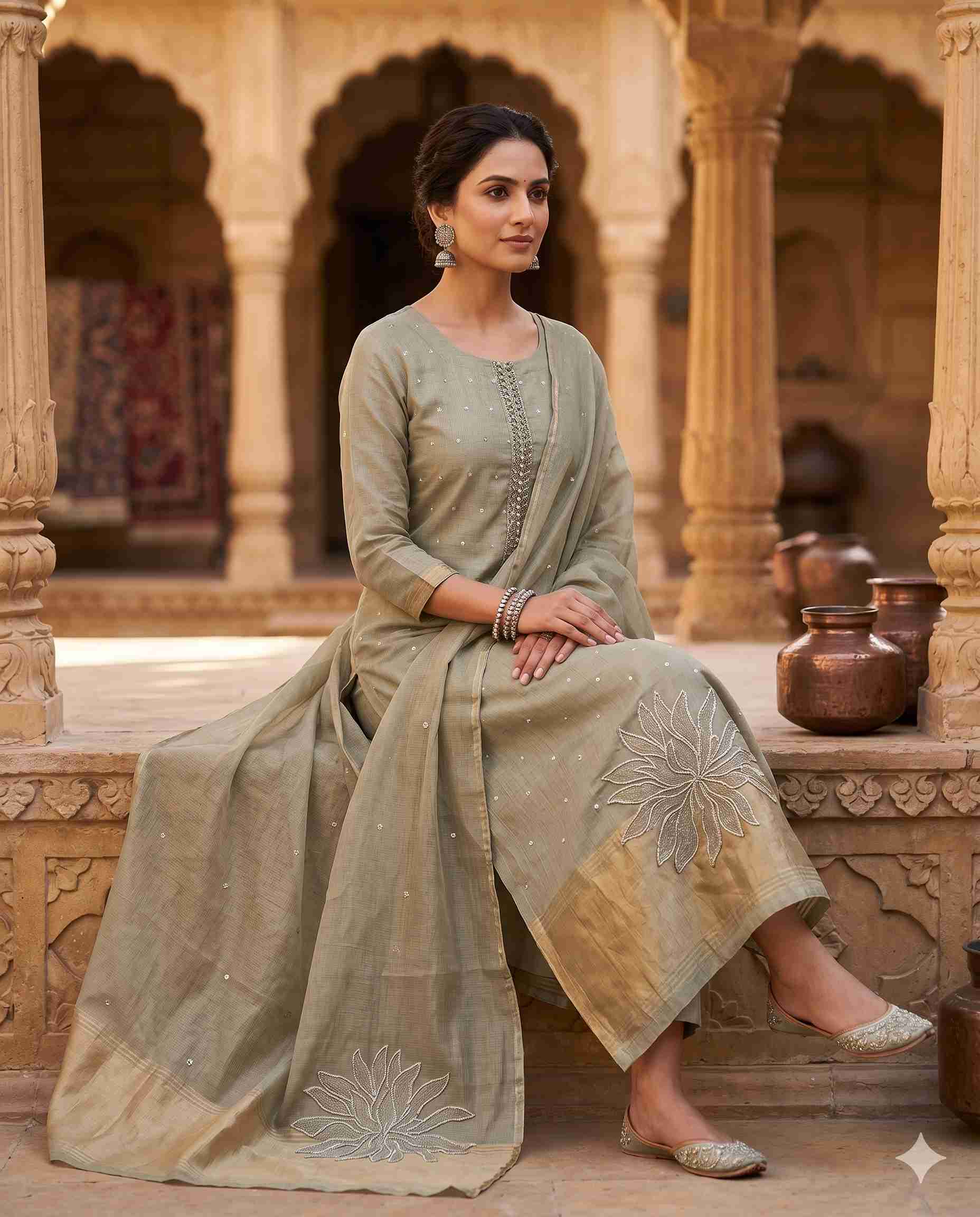 Sage Green Jamdani Cotton Unstitched Suit | Minimalist Applique Floral Neckline | Broad Gold Zari Patta Hemline & Applique Corner Dupatta Women's Suit