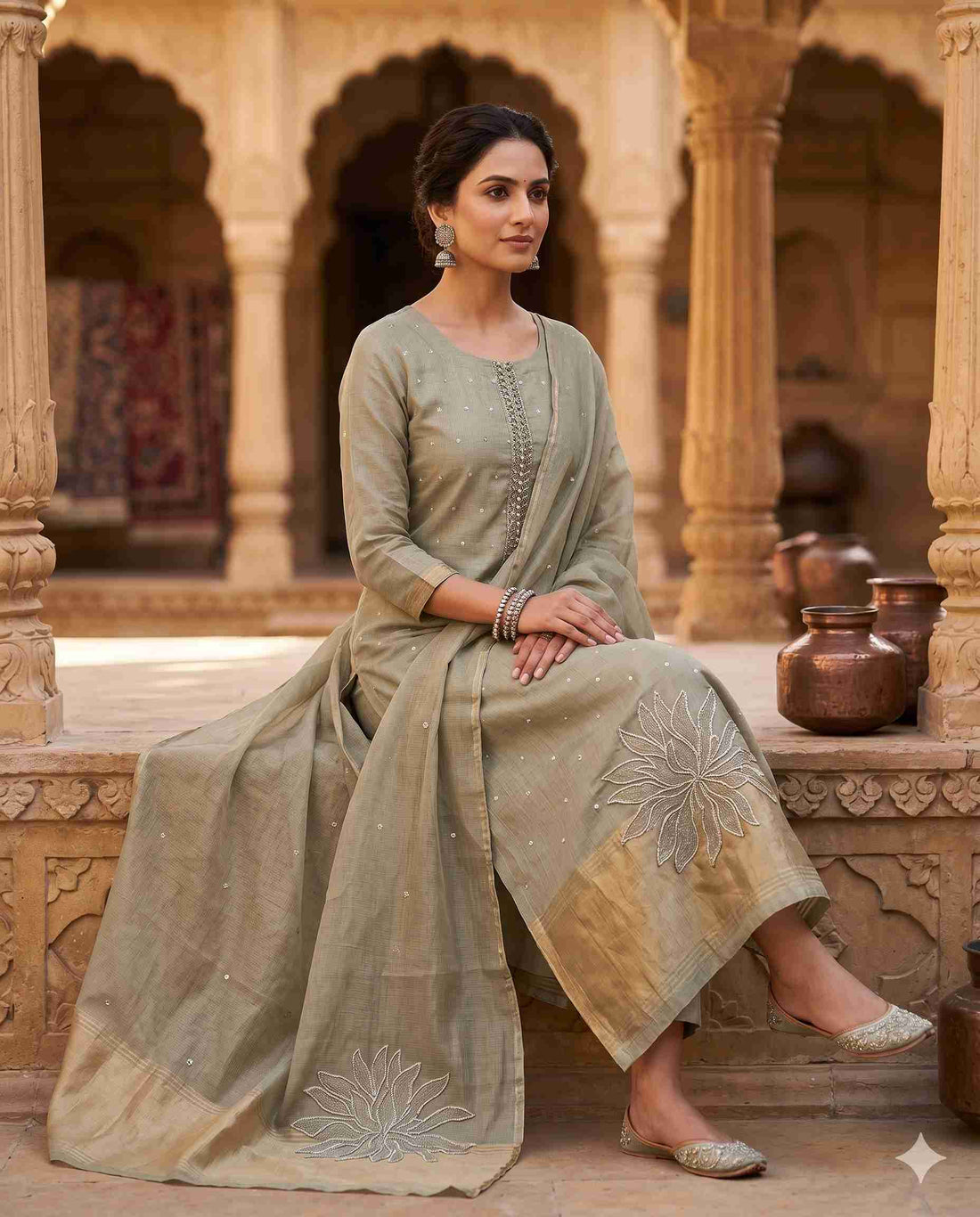 Sage Green Jamdani Cotton Unstitched Suit | Minimalist Applique Floral Neckline | Broad Gold Zari Patta Hemline & Applique Corner Dupatta Women's Suit