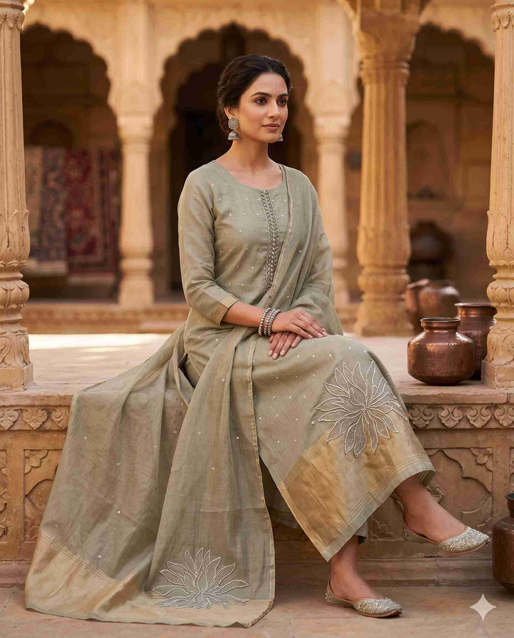 Sage Green Jamdani Cotton Unstitched Suit | Minimalist Applique Floral Neckline | Broad Gold Zari Patta Hemline & Applique Corner Dupatta Women's Suit