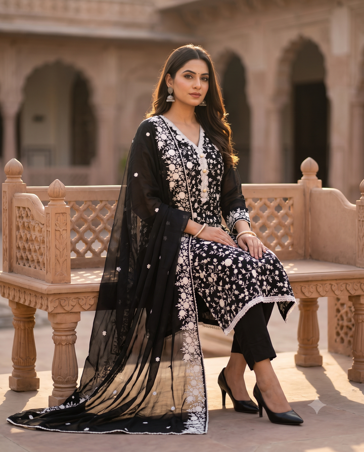 Soft chiffon unstitched suit with ivory thread embroidery
