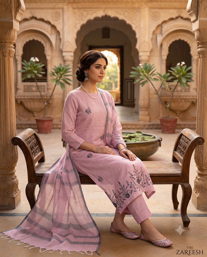 Dusty Pink Pure Linen Unstitched Suit | Contrasting Thread Embroidery & Booties | Woven Linen Dupatta Women's Suit