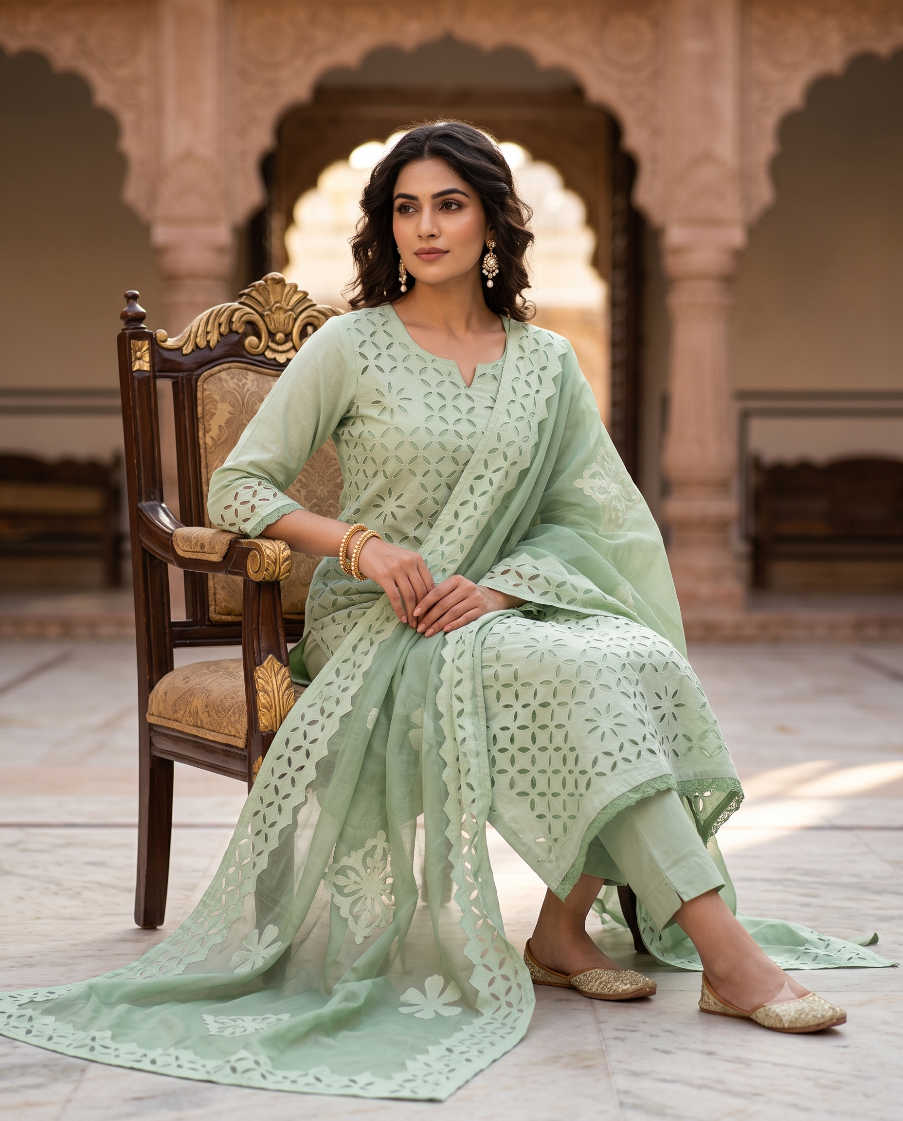 Sage Green Pure Cotton Applique Jaali Work Unstitched Suit Set