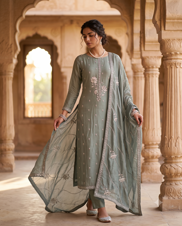 Sage Grey-Green Soft Tissue Unstitched Suit | Thread Pearl Nalki Bead Sequin Neckline | Hand Embroidered Diagonal Bead Sequin Dupatta Women's Suit