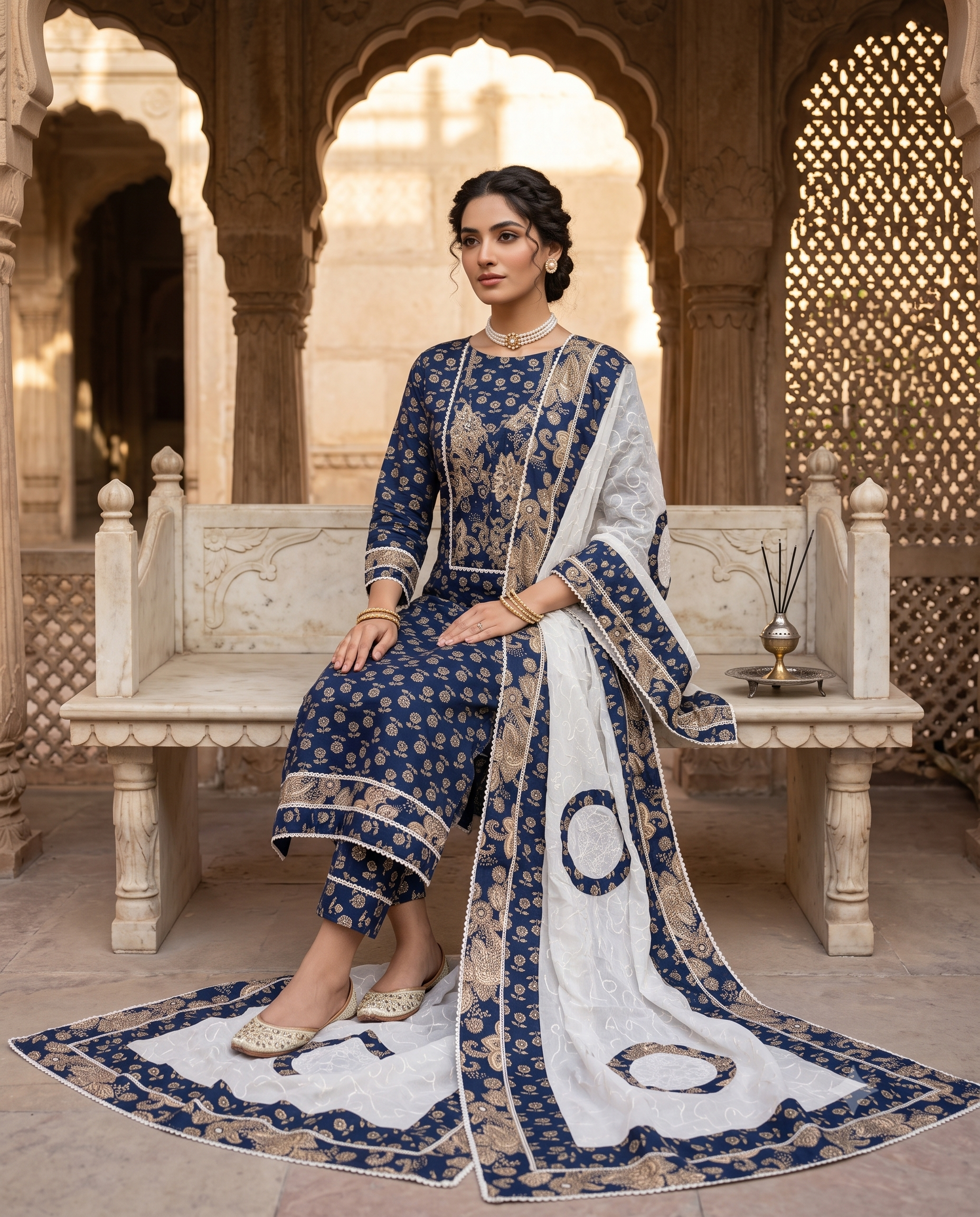 Navy Blue Cotton Unstitched Suit | All-Over Golden Floral Print | Applique Neckline & Panel with White Applique Dupatta Women's Suit