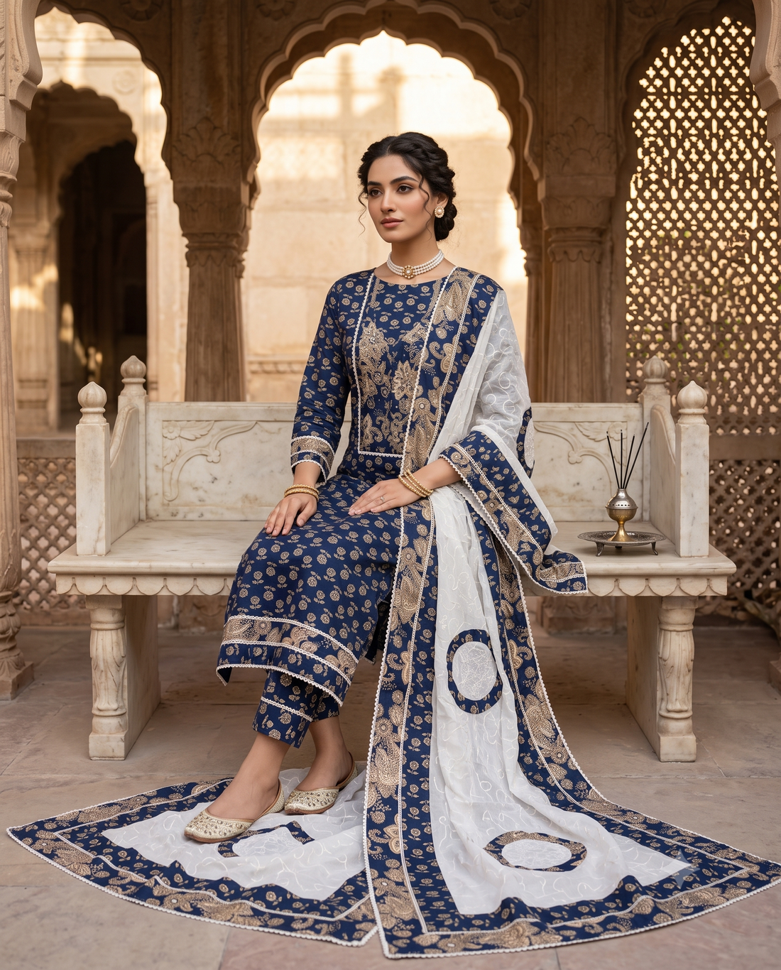 Navy Blue Cotton Unstitched Suit | All-Over Golden Floral Print | Applique Neckline & Panel with White Applique Dupatta Women's Suit