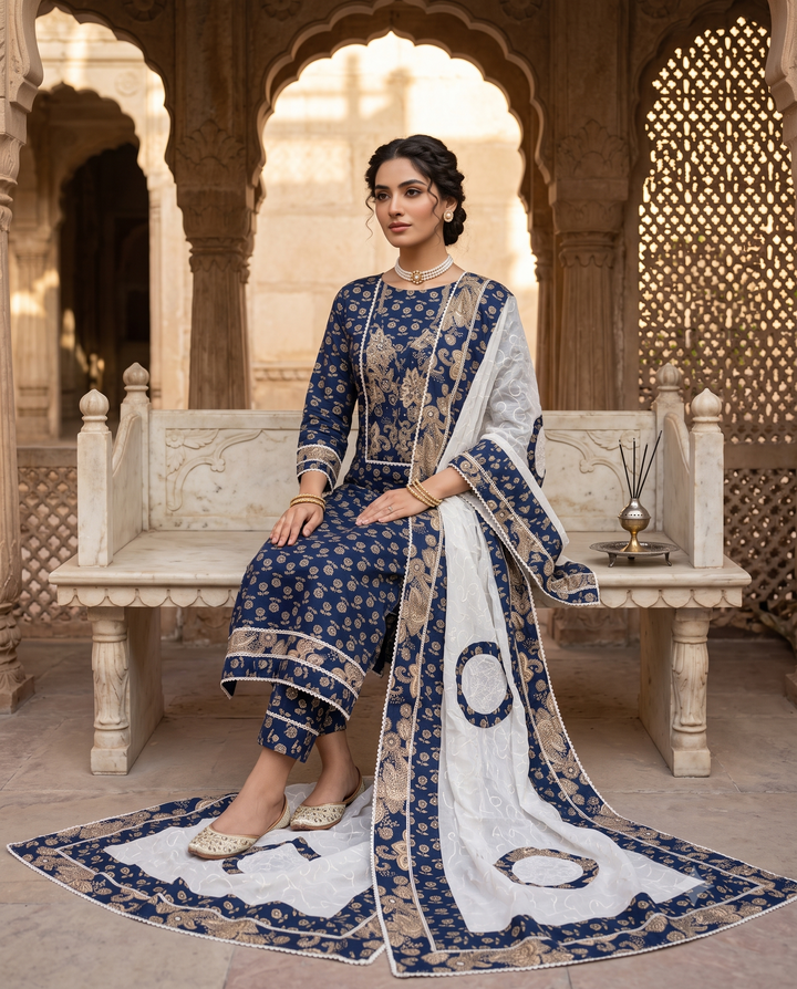 Navy Blue Cotton Unstitched Suit | All-Over Golden Floral Print | Applique Neckline & Panel with White Applique Dupatta Women's Suit