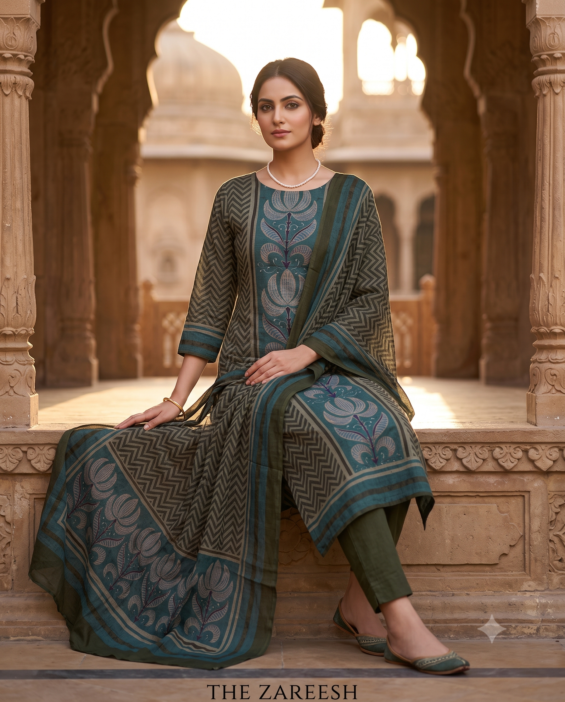 Olive Green Mul Cotton Unstitched Suit | Large Floral Front Panel & Zigzag Side Print | Zigzag & Floral Motif Dupatta Women's Suit