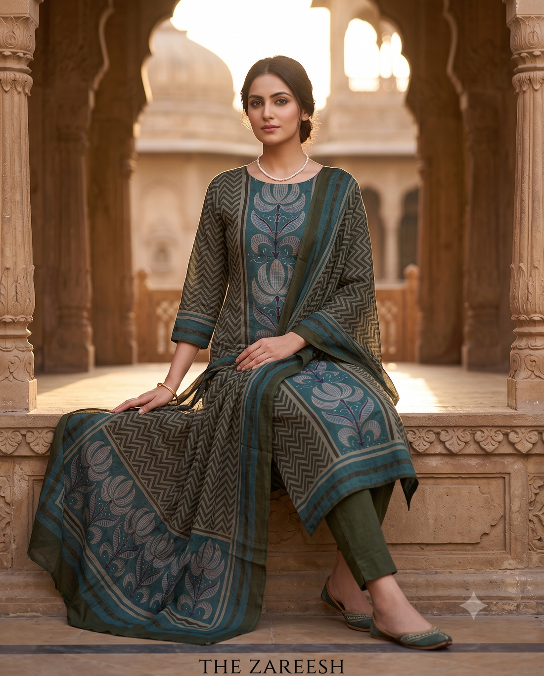 Olive Green Mul Cotton Unstitched Suit | Large Floral Front Panel & Zigzag Side Print | Zigzag & Floral Motif Dupatta Women's Suit