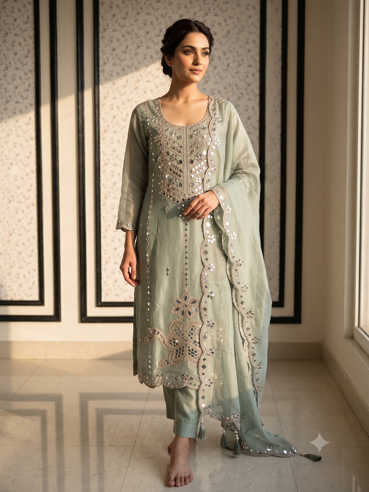 Tissue Silk unstitched suit with Mirror work - The Zareesh