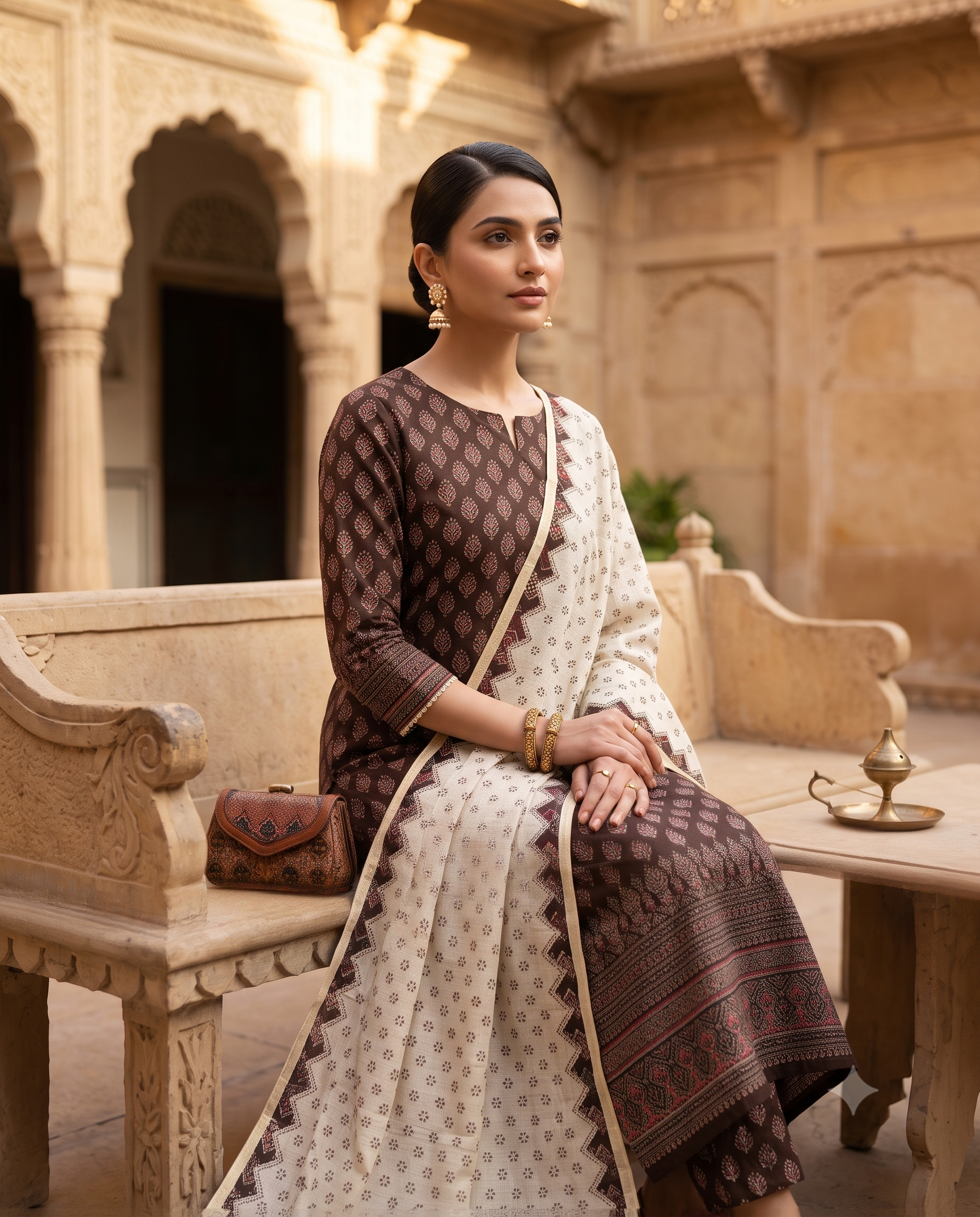 Dark Brown Pure Cotton Unstitched Suit | All-Over Ajrak Block Print | Ajrak Daaman Border & Off-White Khadi Dupatta Women's Suit
