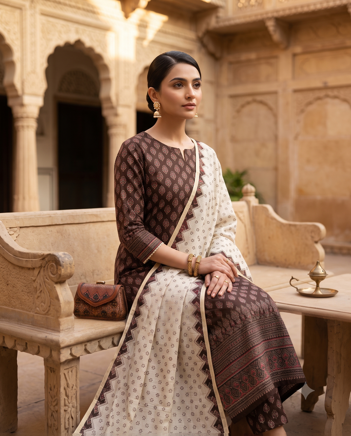 Dark Brown Pure Cotton Unstitched Suit | All-Over Ajrak Block Print | Ajrak Daaman Border & Off-White Khadi Dupatta Women's Suit