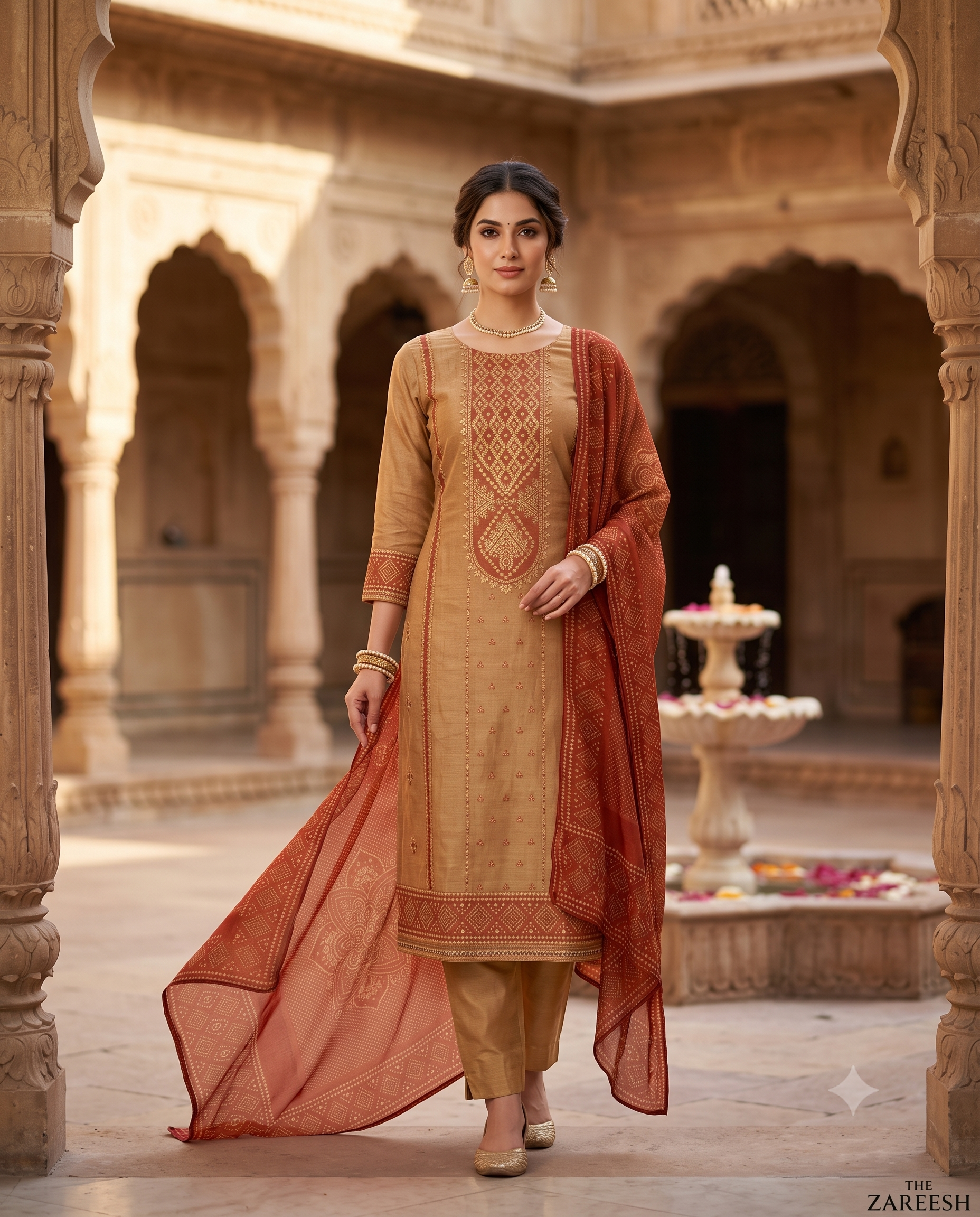 Beige & Red Chanderi Silk Unstitched Suit | Bandhni Print | Zari Thread Work with Contrasting Border Women's Suit
