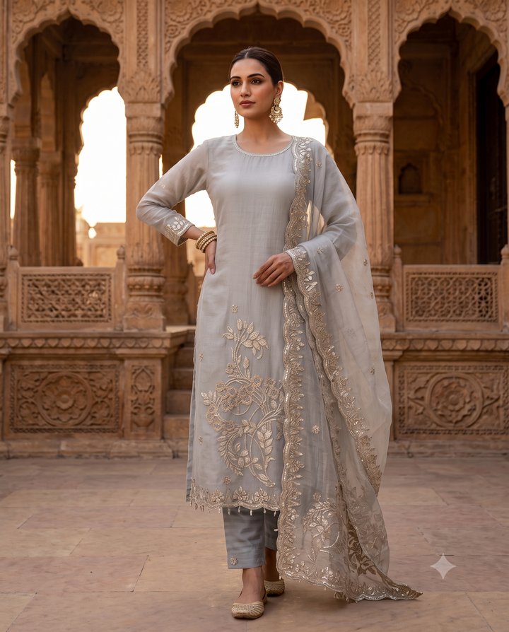 Ice Grey Marble Chiffon Silver Gota Embroidered Unstitched Suit Set