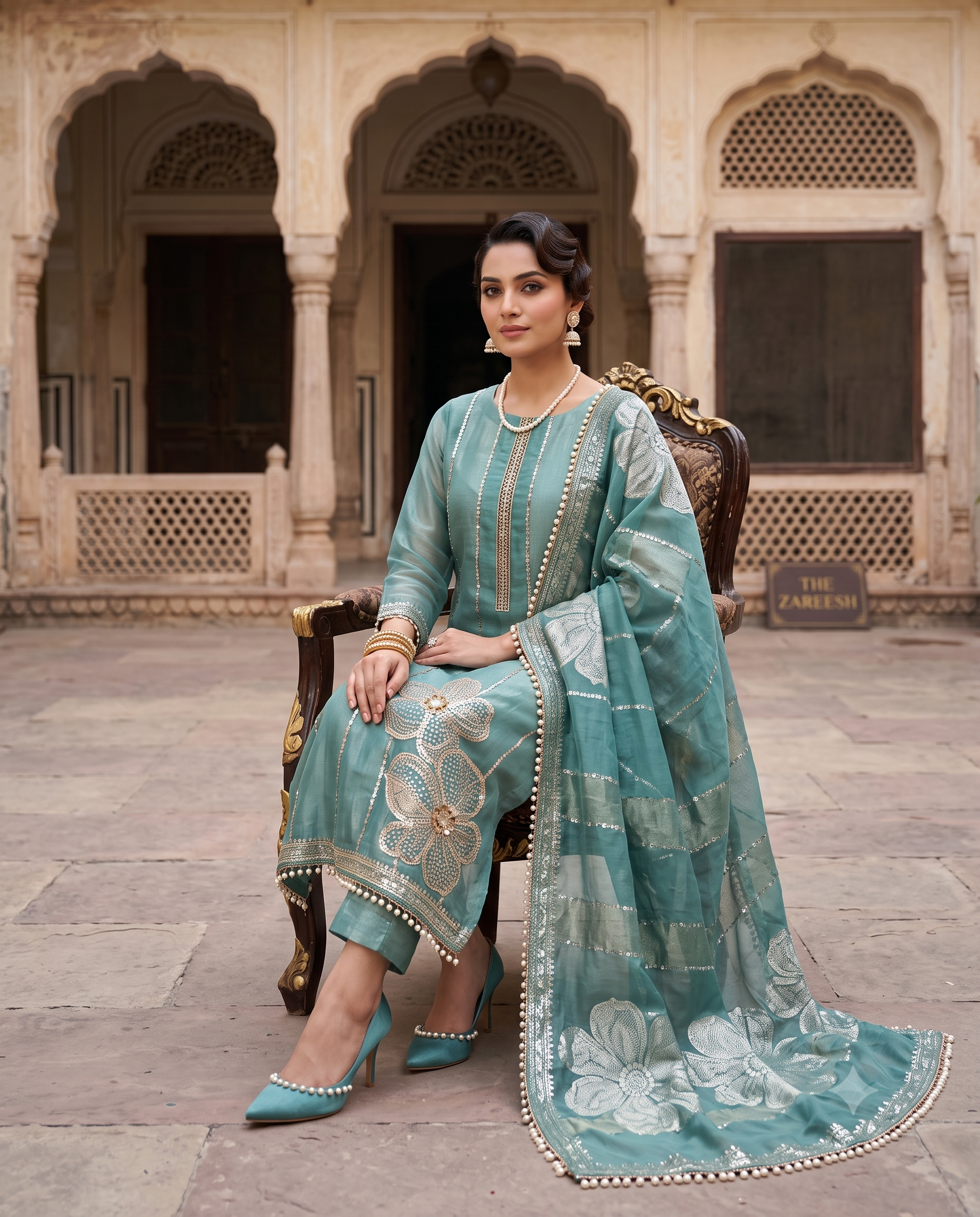 Teal Shimmer Organza Cutdana Handwork Unstitched Suit Set